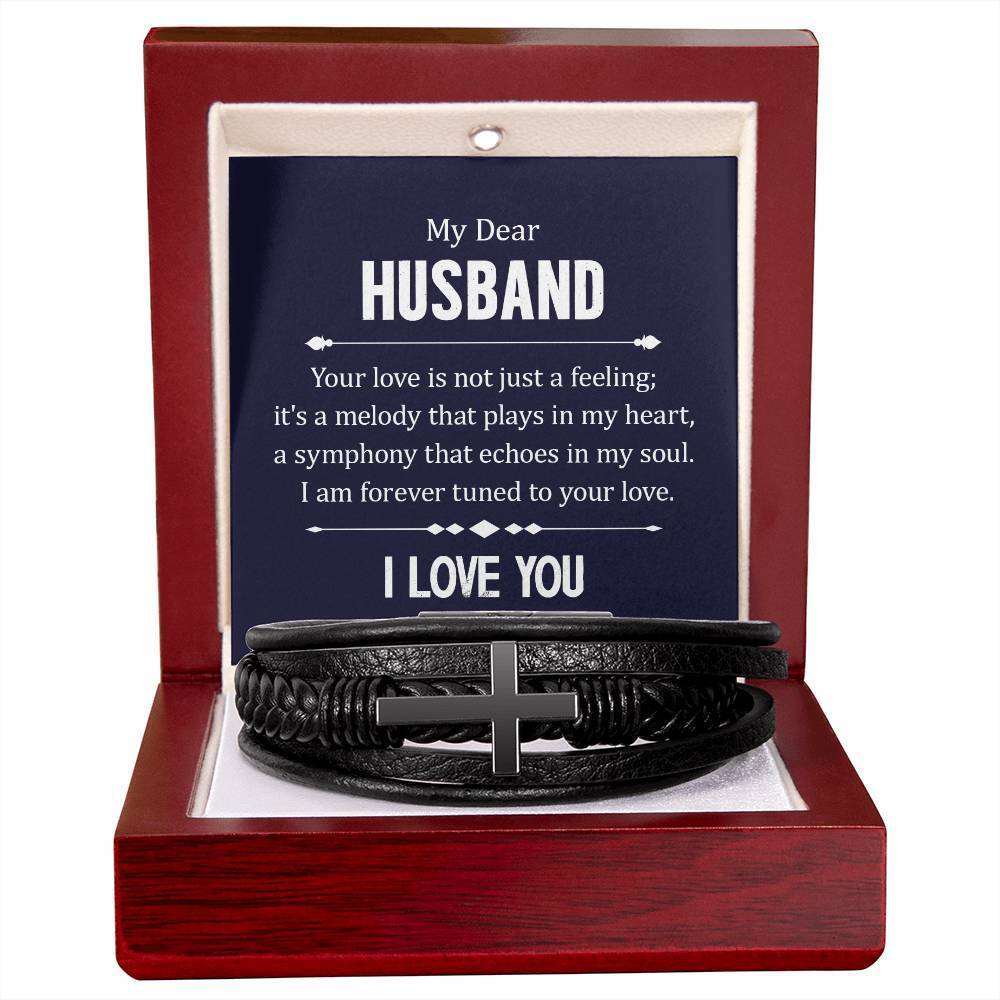 To My Husband Your Love Is Not Just A Feeling Men's Cross Bracelet - Vegan Leat